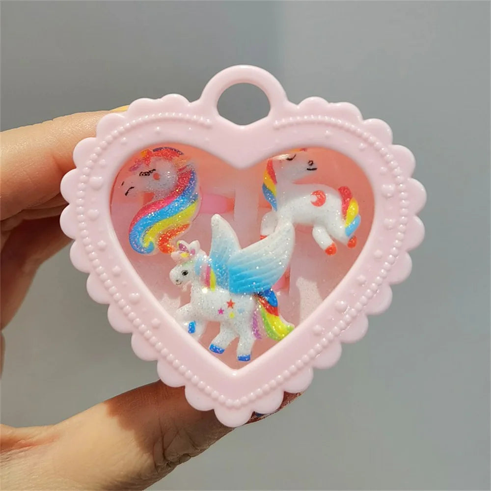 Cute Little Girl Cartoon Unicorn Acrylic 3pcs Set Ring Best Gift for Parents To Give Their Children on Holidays and Birthdays