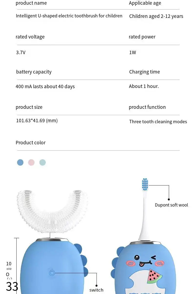 U-Shaped Electric Rechargeable Toothbrush For Children, Oral Care For Boys And Girls Over 2 Years Old, Tooth Cleaning And Brush