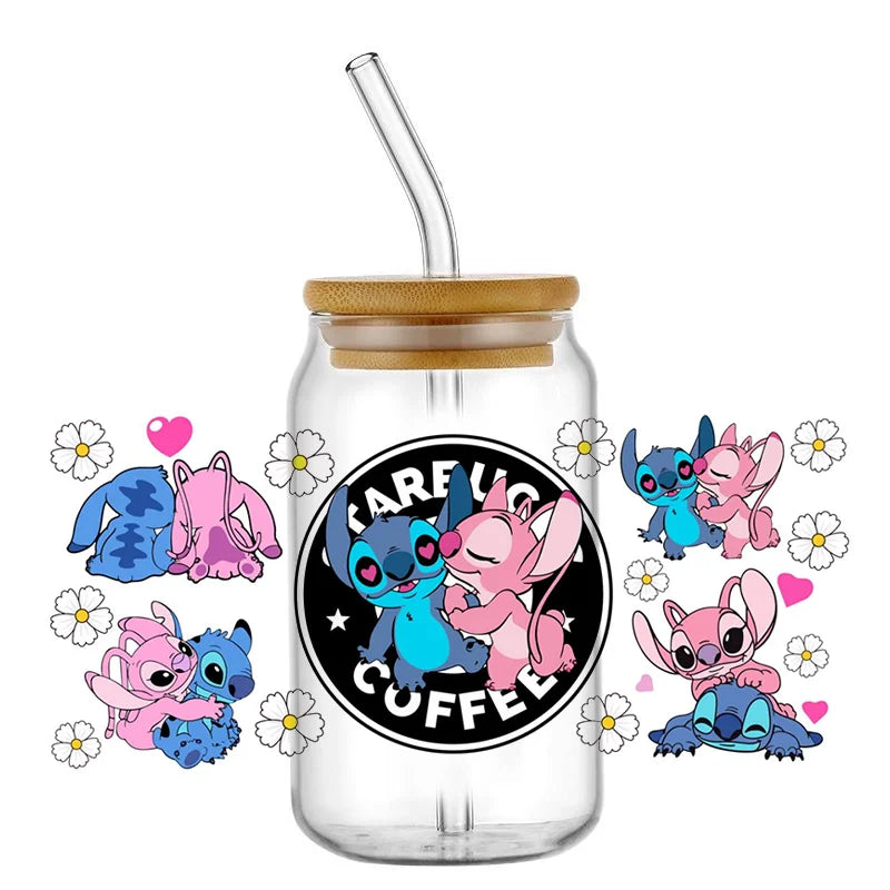 Miniso Stitch 16oz UV DTF Cup Wrap Cartoon Transfers Libbey Wrap Tumbler DIY Logo Sticker Glass Can Selfadhesive Waterproof