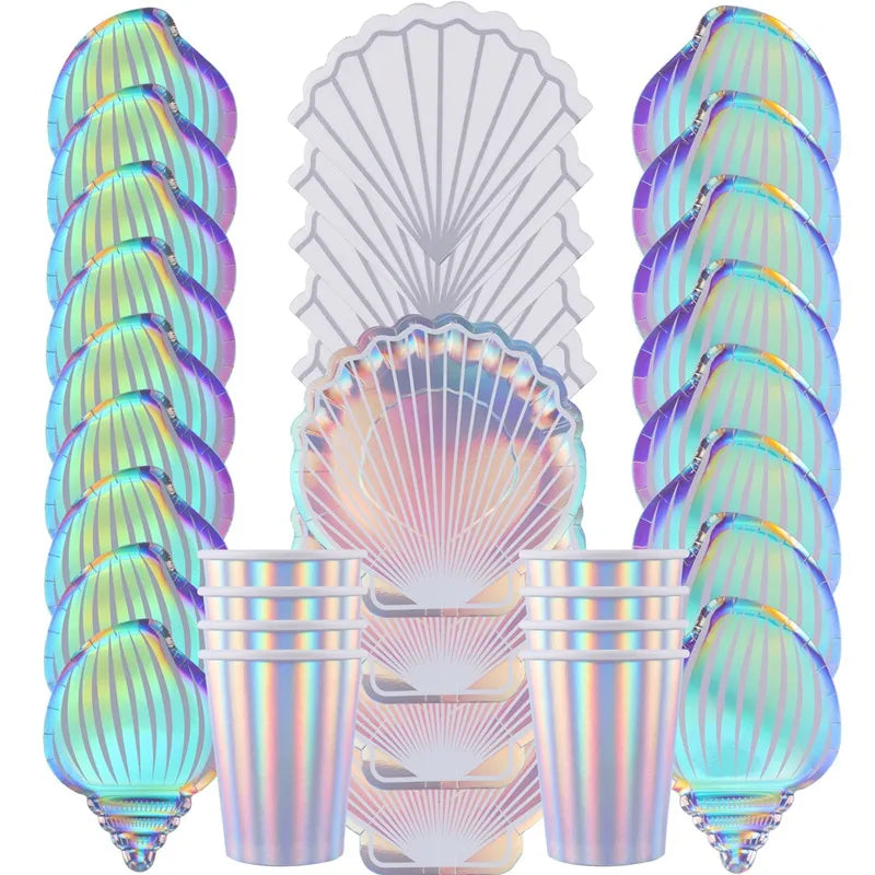Mermaid Party Colorful Shell Disposable Tableware Summer Beach Under The Sea Party Little Mermaid Girls 1st Birthday Party Decor