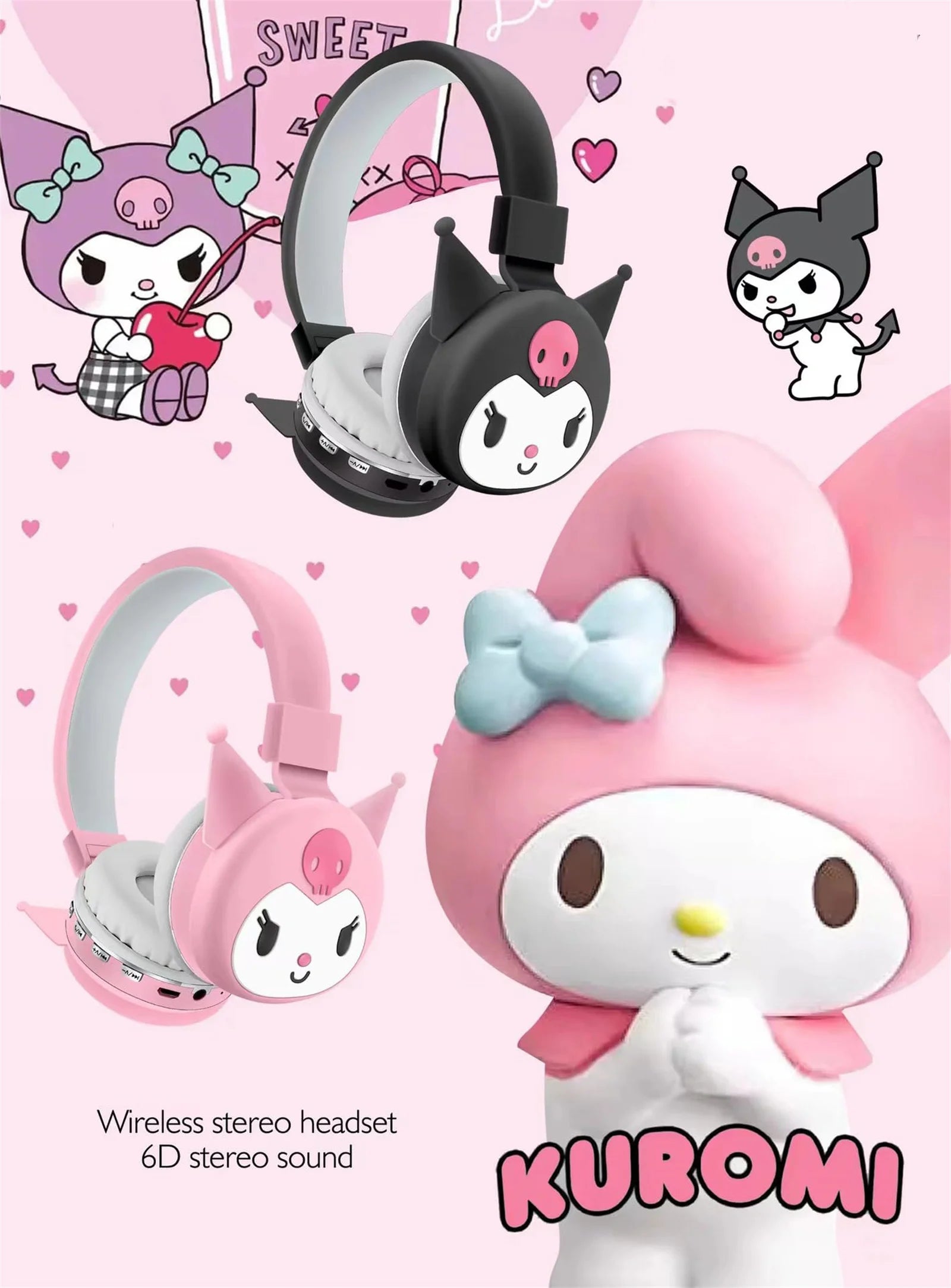 Sanrio Bluetooth Headphone Hello Kitty Wireless Headsets Cartoon Mic Foldable Lightweight Earphone for Phones Laptop Gift Pink