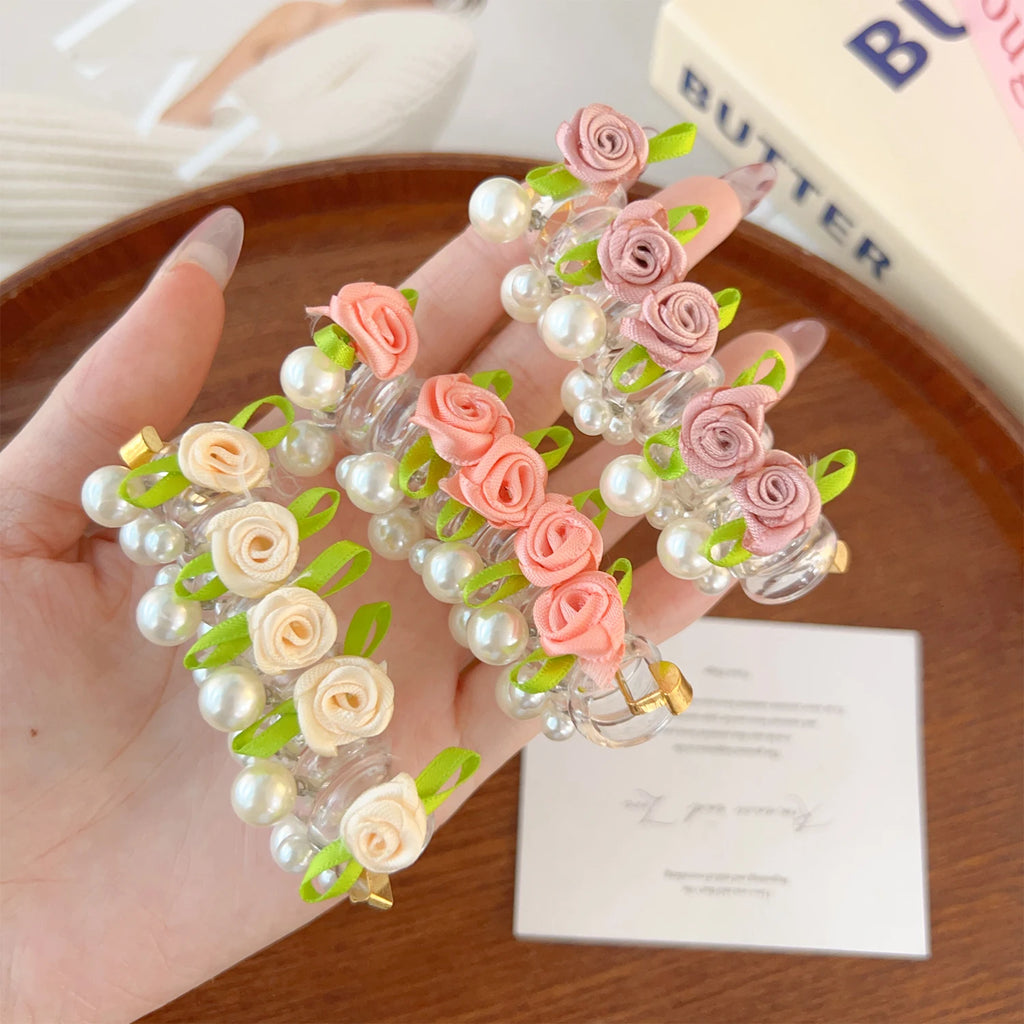 Rose Bead Telephone Line Headband Charming Tied Ponytail Braid Hair Rope Headband High Elasticity Rubber Band Pearl Headwears