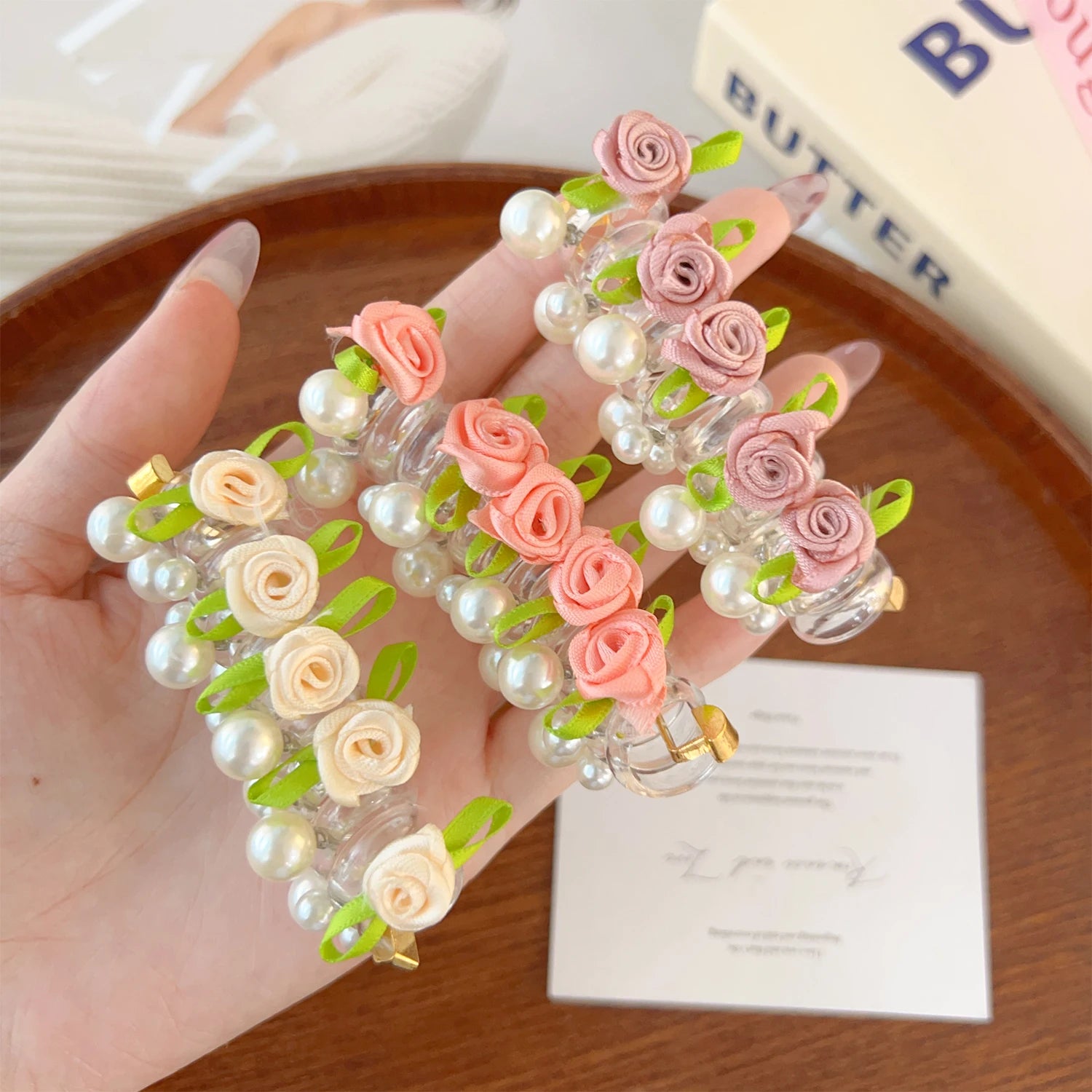 Rose Bead Telephone Line Headband Charming Tied Ponytail Braid Hair Rope Headband High Elasticity Rubber Band Pearl Headwears
