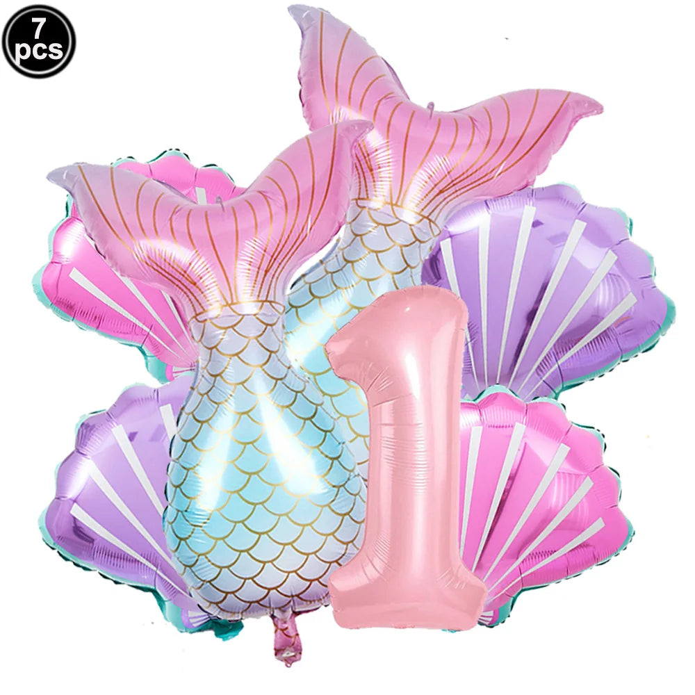 Mermaid Birthday Decorations 7 Pcs Mermaid Foil Balloon Mermaid Tail Balloon Mermaid Decor for 1st-9th Birthday Party Baby Showe