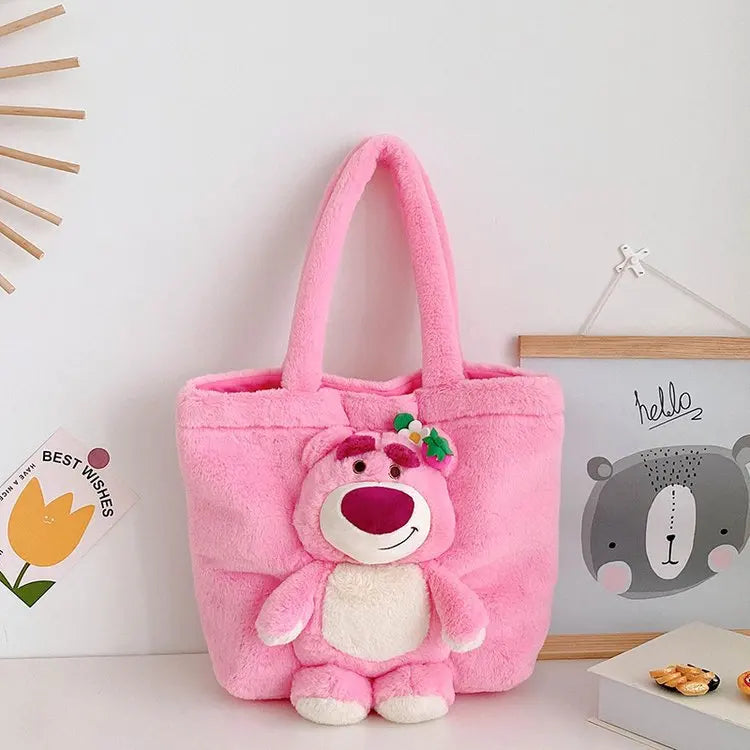 MINISO 2024 New Cartoon Plush Doll Shoulder Bag Sweet and Cute Stitch Strawberry Bear Soft Cute Girls Handbag