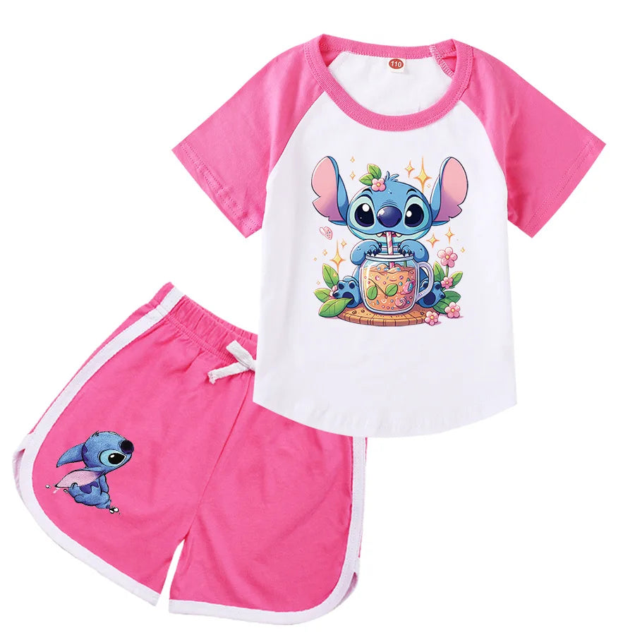 Lilo And Stitch Kids Costume Girls Casual Outfits Boys Short Sleeves T-shirt Shorts 2 Pcs Sets Girls Casual Sportswear