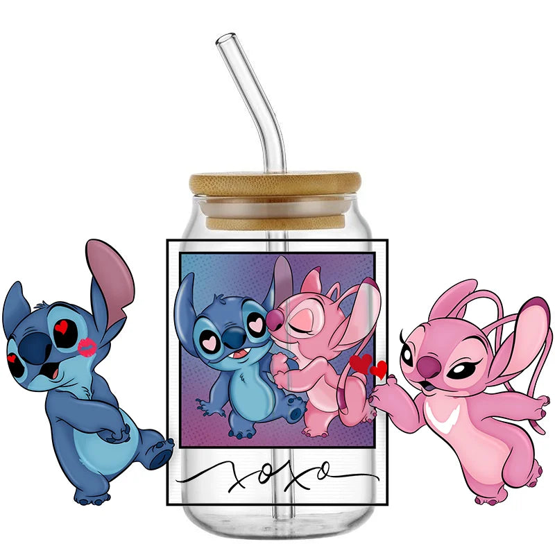 UV DTF Cup Mug Wraps Miniso Lovely Cartoon stitch 3D Transfer Sticker for 16oz Libbey Glasses  Cup Waterproof  DIY Sticker