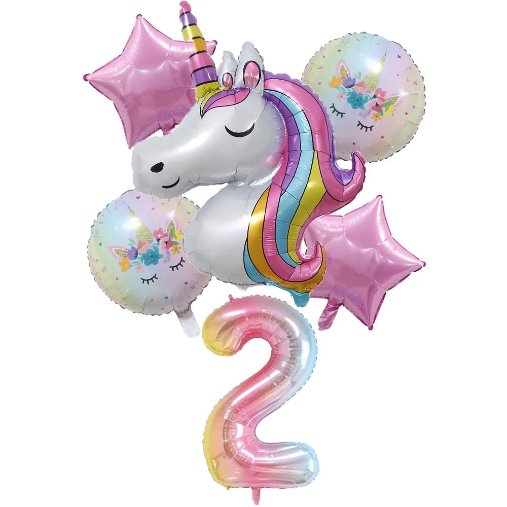 6pcs Rainbow Unicorn Balloon 32 Inch Number Foil Balloons 1st Kids Unicorn Theme Birthday Party Decorations Baby Shower Globos