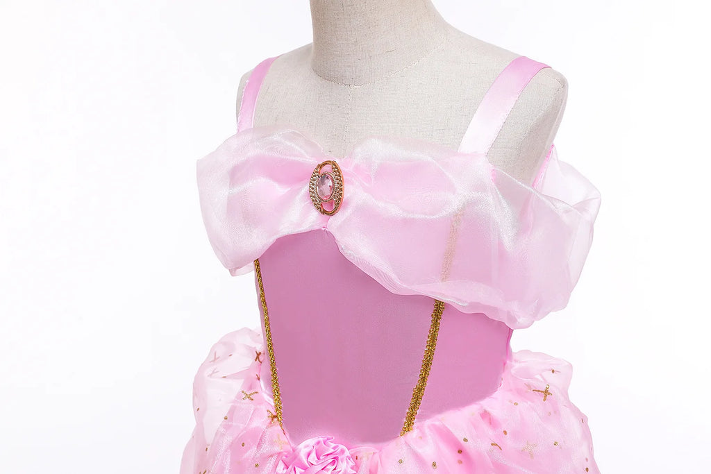 Aurora Pink Princess Dress Girl Sleeping Beauty Cosplay Costume Summer Floral Rose Print Sling Frocks 2-10 Yrs Kids Elegant Gown
