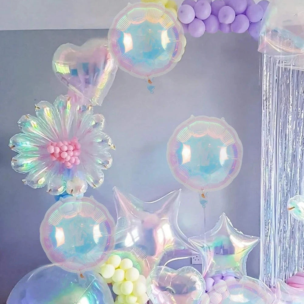 19Inch Foil Star Heart Round Balloons Transparent Iridescent Balloons for Mermaid Theme Birthday Disco Party Wedding Decorations