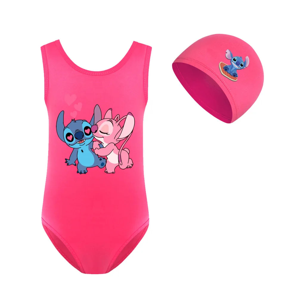 Kids Girls Swimwear Swimsuit Cartoon Lilo & Stitch Baby Swimming Cap Set Children Movement Outfit Learn To Swim Tops 3-14year