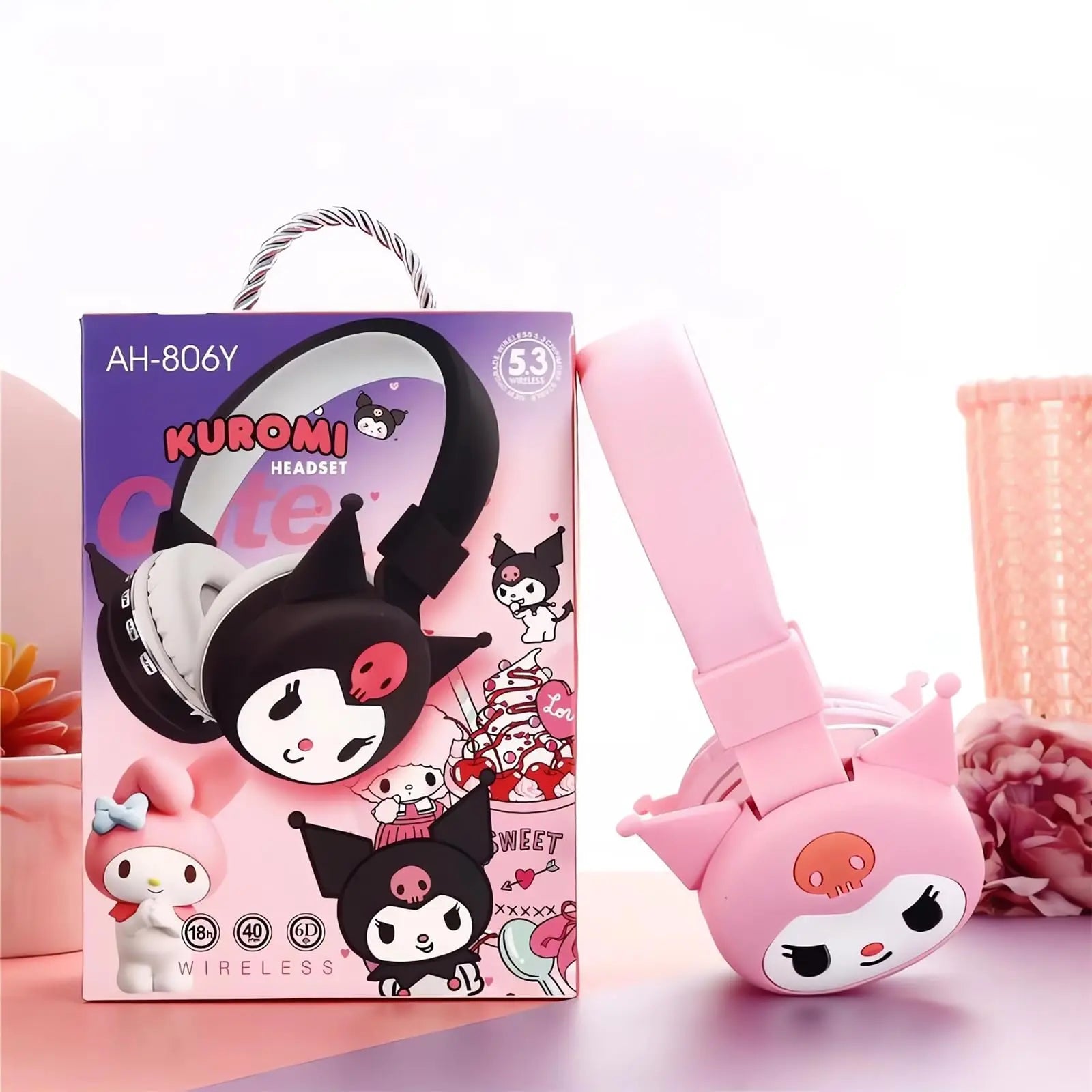 Sanrio Bluetooth Headphone Hello Kitty Wireless Headsets Cartoon Mic Foldable Lightweight Earphone for Phones Laptop Gift Pink