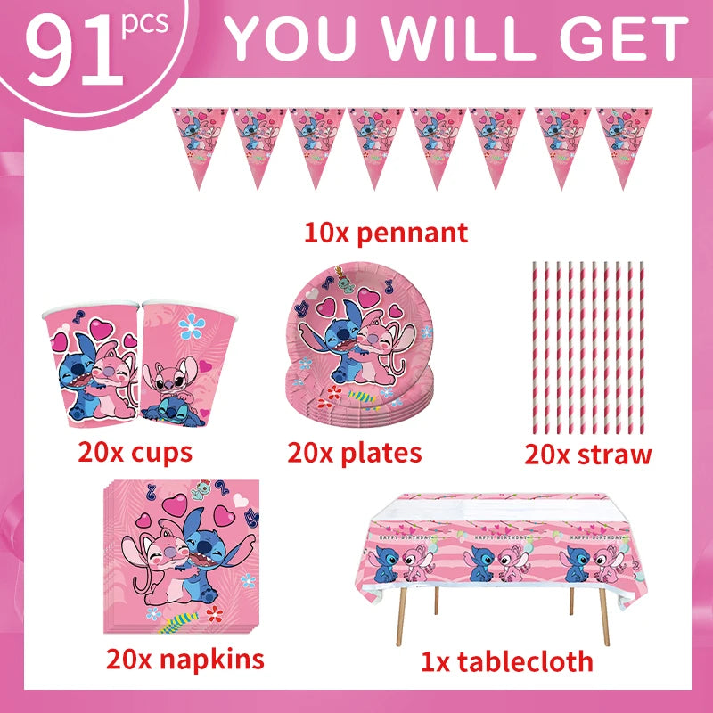 Lilo And Stitch Girl Party Birthday Decoration Set Party Supplies Tableware Stitch Balloon Banner Plate Napkin Tablecloth forkid