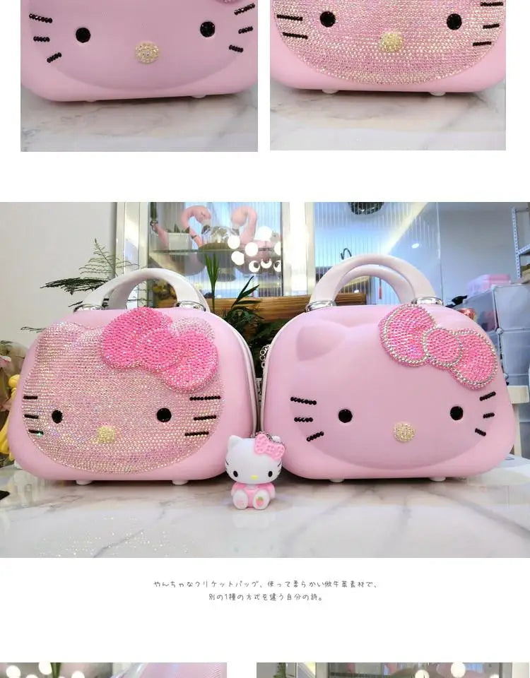 Kawaii 14 Inches Hello Kitty Cosmetic Case Sanrioed Anime Suitcase High Capacity with Lock Storage Bag Girl High End Gift Travel