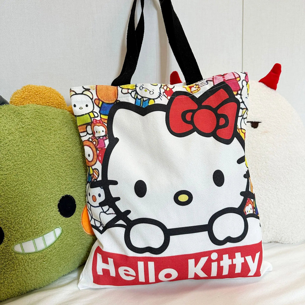 Anime Sanrio Hello Kitty Canvas Bag Zippered Student Book Large Capacity Class Tote Bag Shopping Student Girl Birthday Gifts