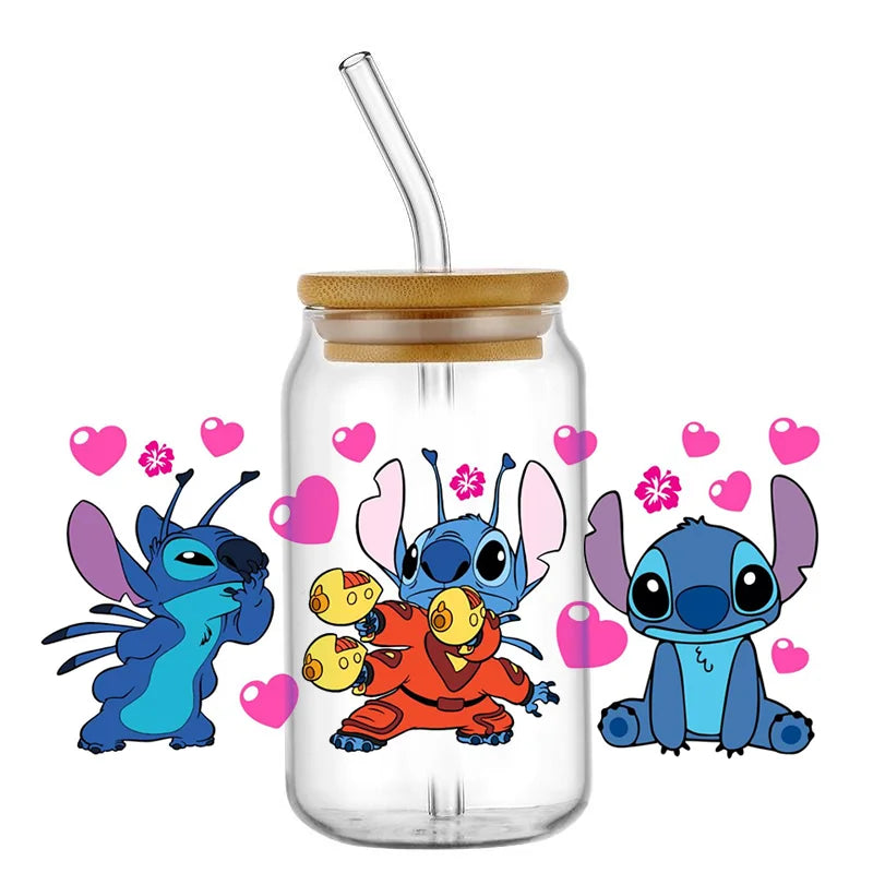 Miniso Stitch 16oz UV DTF Cup Wrap Cartoon Transfers Libbey Wrap Tumbler DIY Logo Sticker Glass Can Selfadhesive Waterproof