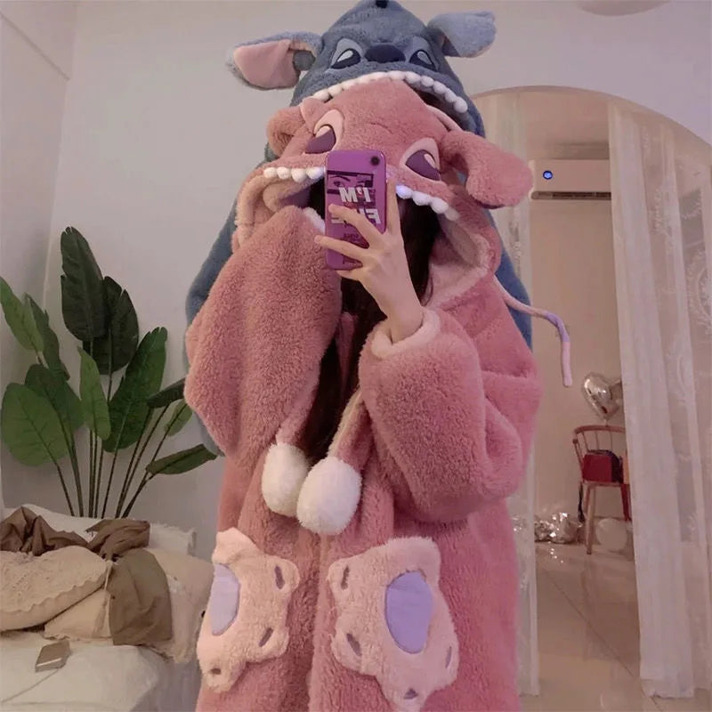 2024 New Lilo & Stitch Winter Thickened Plush Cosplay Cartoon Hooded Couple Pajamas Flannel Men & Women Loungewear Set