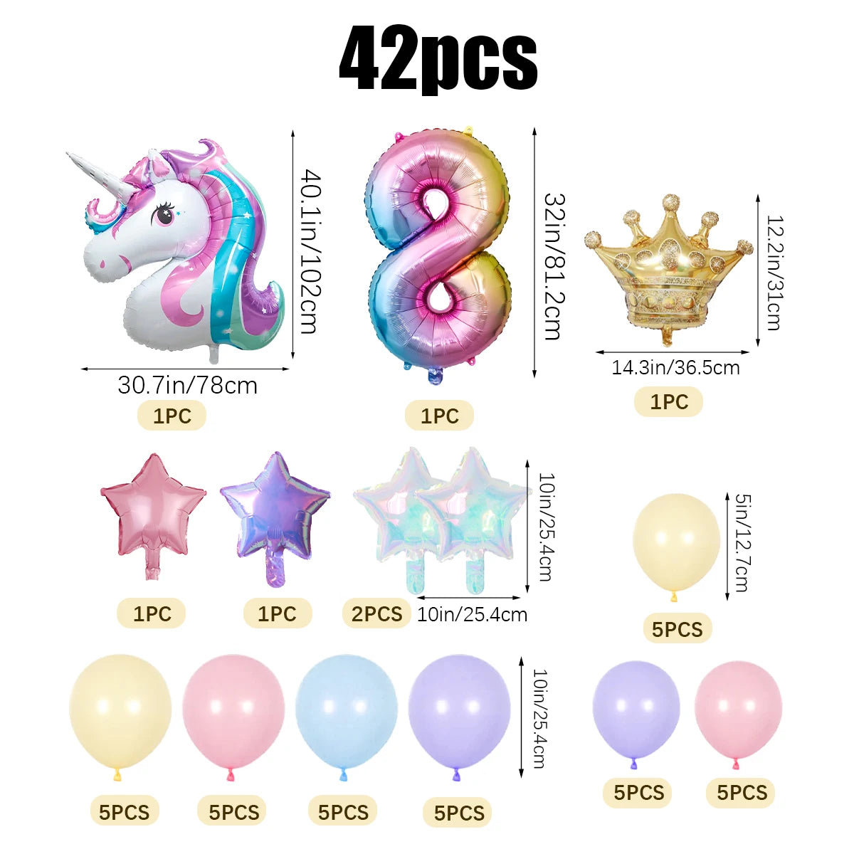 42pcs Unicorn Rainbow Color Numbers 0-9 Mini Crown Aluminum Film Balloon Set Girls Unicorn Theme Birthday Party Decorations