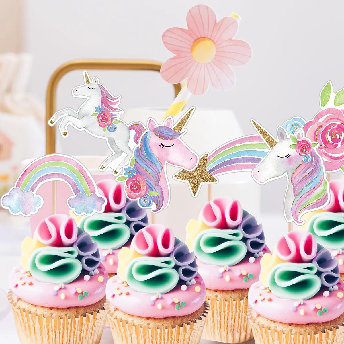 24Pcs Carton Unicorn Cupcake Topper Colorful Rainbow Paper Toppers For Kids Unicorn Birthday Party DIY Cake Decoration Supplies