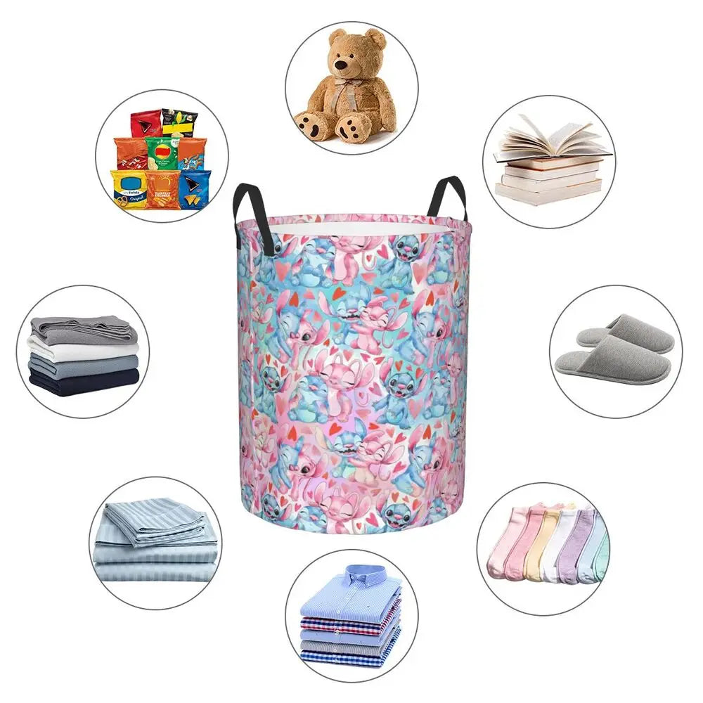 Custom Stitch Kiss Angel Love Heart Anime Laundry Hamper Large Clothes Storage Basket Toy Bin Organizer for Boy Girl