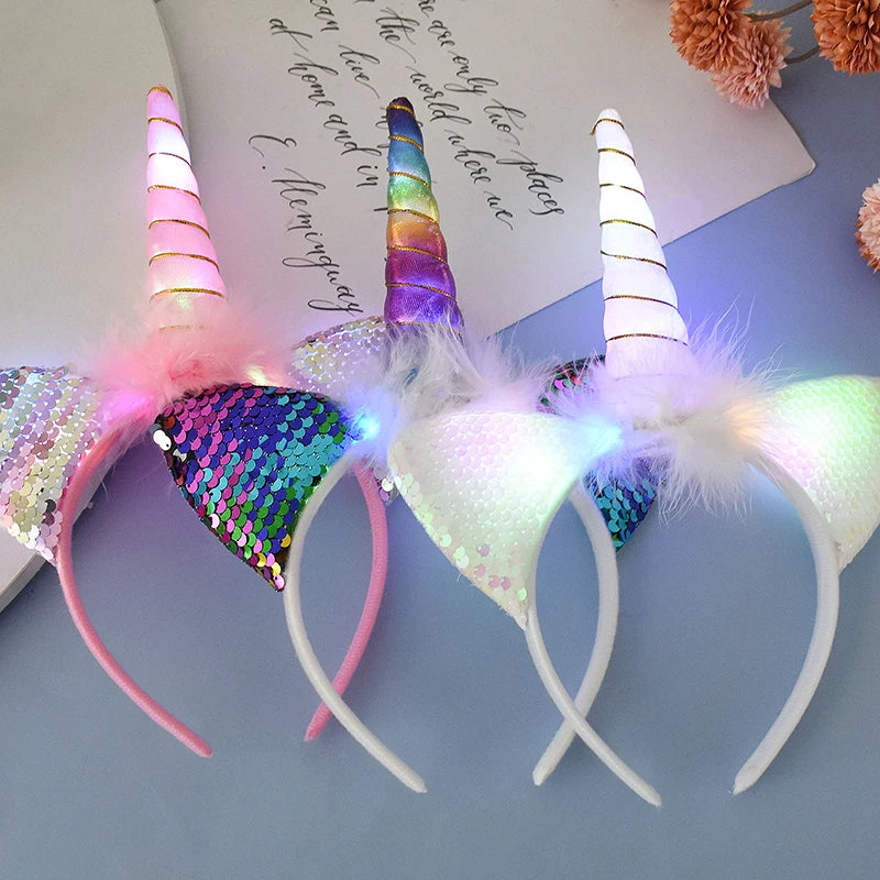 LED Light Unicorn Headband Kids Girl Birthday Cartoon Headwear Hair Accessories Rainbow Unicorn Theme Party Decoration Supplies
