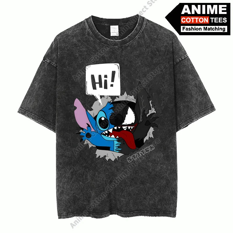 Lilo & Stitch Ghostface T-shirt Cotton Washed Vintage Oversized T Shirt y2k Harajuku Hip Hop Street Casual Unisex Loose Tees