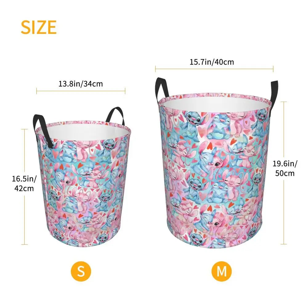 Custom Stitch Kiss Angel Love Heart Anime Laundry Hamper Large Clothes Storage Basket Toy Bin Organizer for Boy Girl
