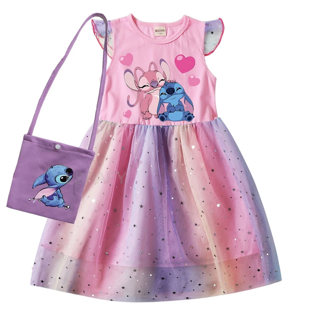 Hot Lilo And Stitch Girls Children Spring Summer Tutu Stitch Dress +Bag Kids Princess Girls Birthday Party Dress Costume