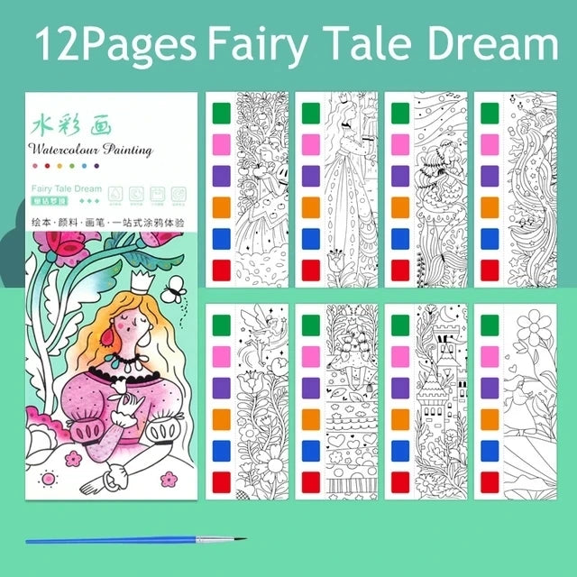 Portable Watercolor Painting Book 12 Sheets Coloring Book With Paint Brush Gouache Book Kids Graffiti Picture Drawing Toys