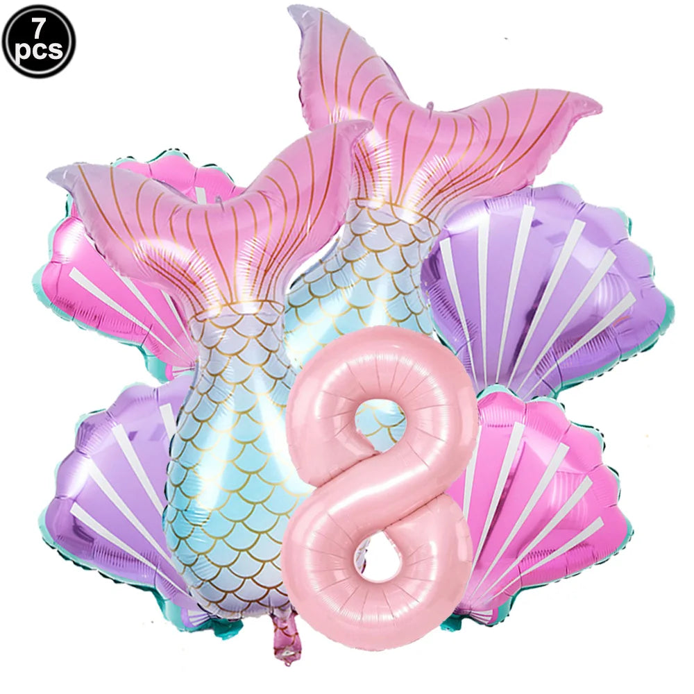 Mermaid Birthday Decorations 7 Pcs Mermaid Foil Balloon Mermaid Tail Balloon Mermaid Decor for 1st-9th Birthday Party Baby Showe
