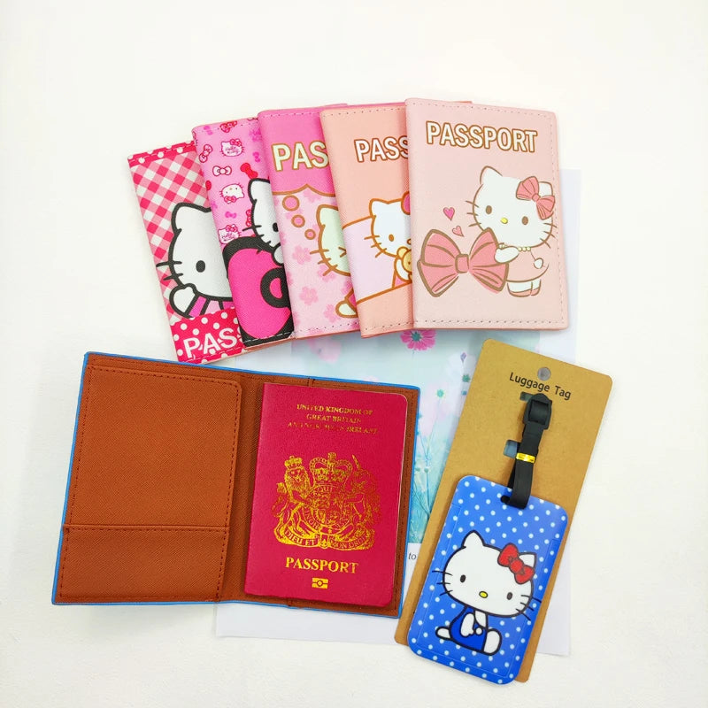 1Set Hello Kitty Passport Cover and Luggage Tags Travel Passport Holder Baggage Tag Girls Business ID Card Holder Luggage Label