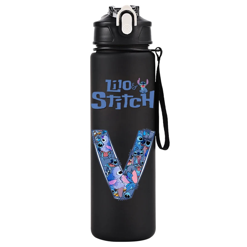 750ml Water Bottle Letter A-Z Printed Lilo Stitch Black Large Capacity Drinking Cup Portable Outdoor Sport Water Cup Kid Gifts