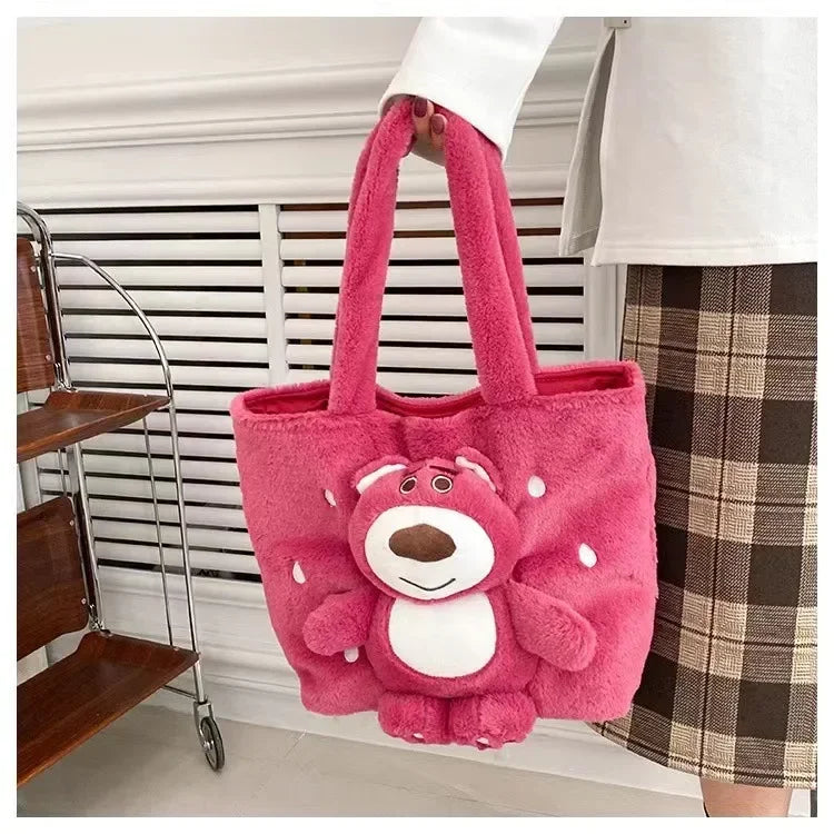 MINISO 2024 New Cartoon Plush Doll Shoulder Bag Sweet and Cute Stitch Strawberry Bear Soft Cute Girls Handbag