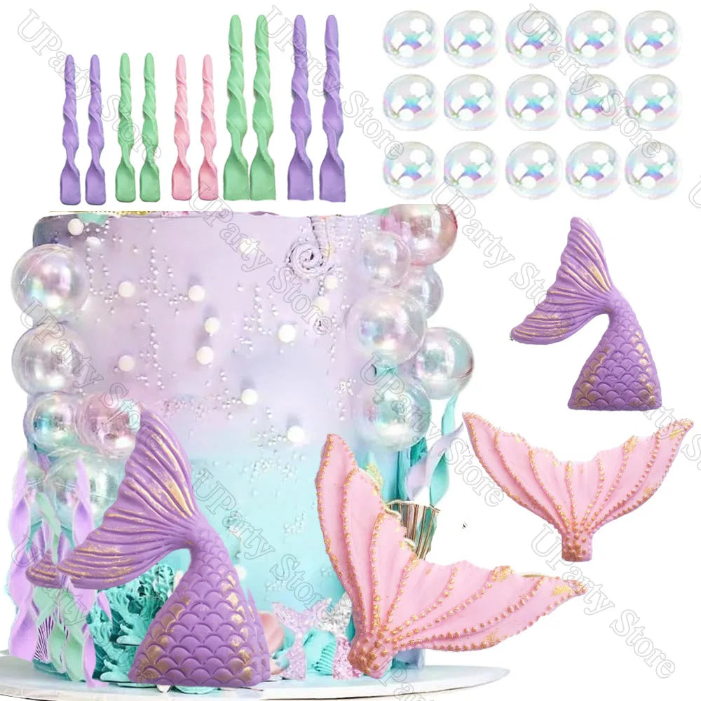 26Pcs Mermaid Birthday Cake Decoration Pink Purple Cake Balls Seashell Memail Tail Cake Toppers for Birthday Baby Shower Favor