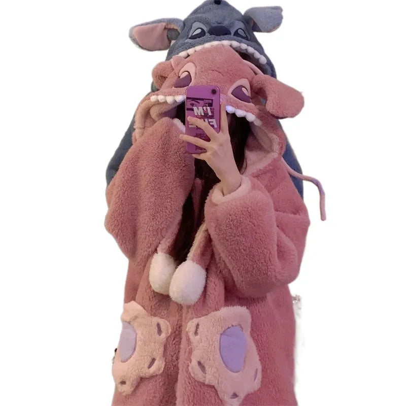 2024 New Lilo & Stitch Winter Thickened Plush Cosplay Cartoon Hooded Couple Pajamas Flannel Men & Women Loungewear Set