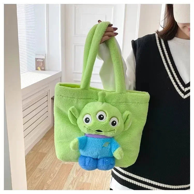 MINISO 2024 New Cartoon Plush Doll Shoulder Bag Sweet and Cute Stitch Strawberry Bear Soft Cute Girls Handbag