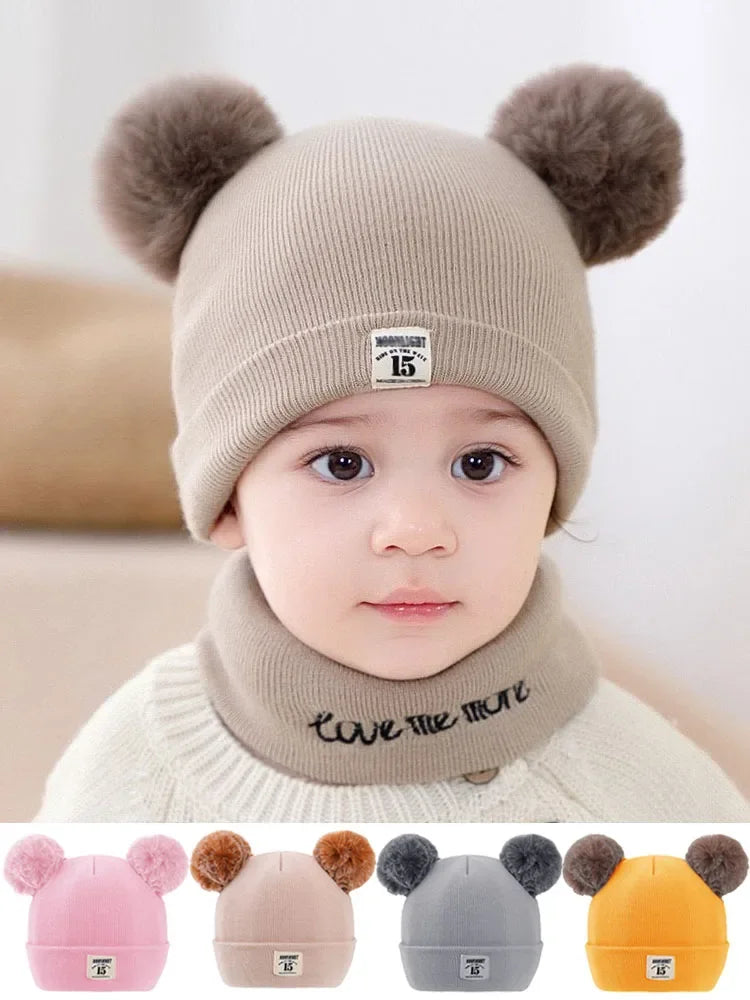 Winter Children Warm Baby Knitted Hats with Pom Pom Kids Knit Beanie Hats Solid Color Children's Hat for Boys Girls Accessories