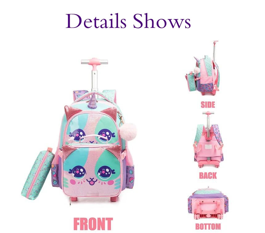 Kids School Trolley Bags 3 In 1 School Rolling Backpack Bag For Girls Children Travel Rolling Luggage Bag Unicorn Schoolbag
