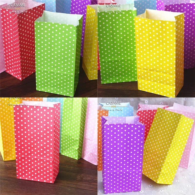 10 pcs Colorful Solid Stripe and Polka Dot Stand-Up Bags with Stickers - 18x9x6cm Favor Gift Packing Treat Bags for Wedding