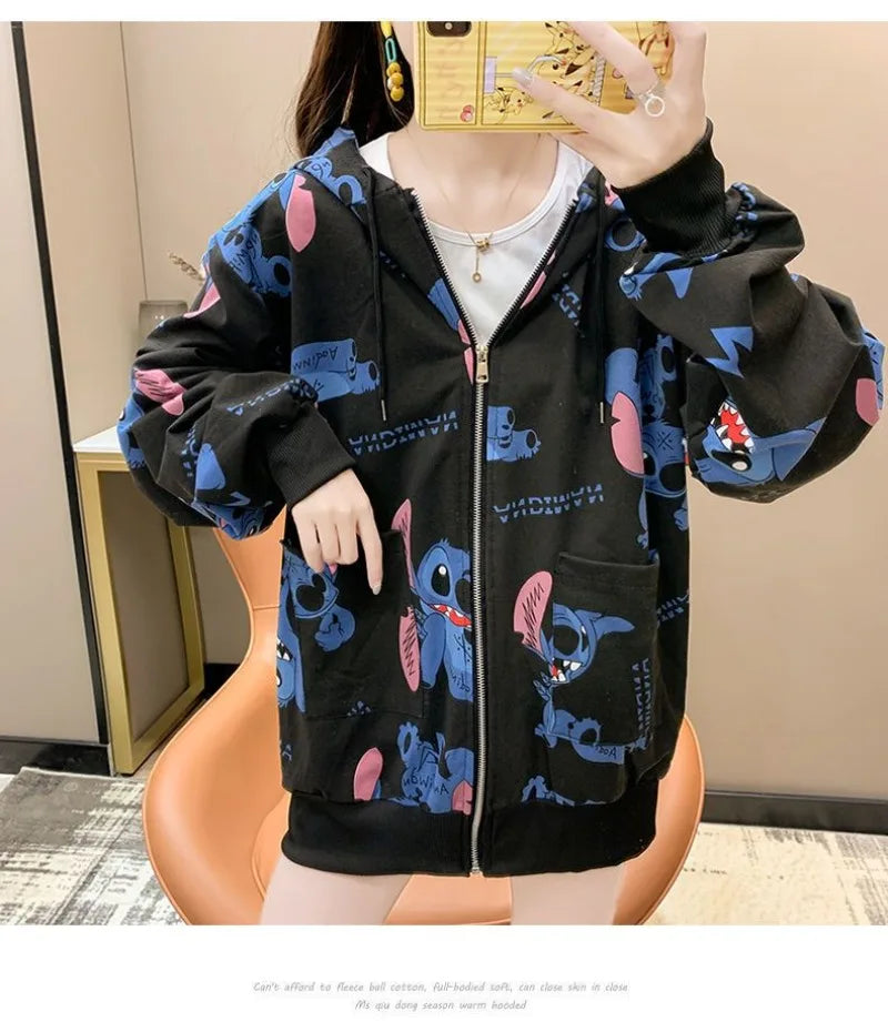 New Lilo and Stitch Hooded Sweatshirt Kawaii Women's Loose Top Thin Design Anime Printed Accessories Cartoon Cardigan Jacket