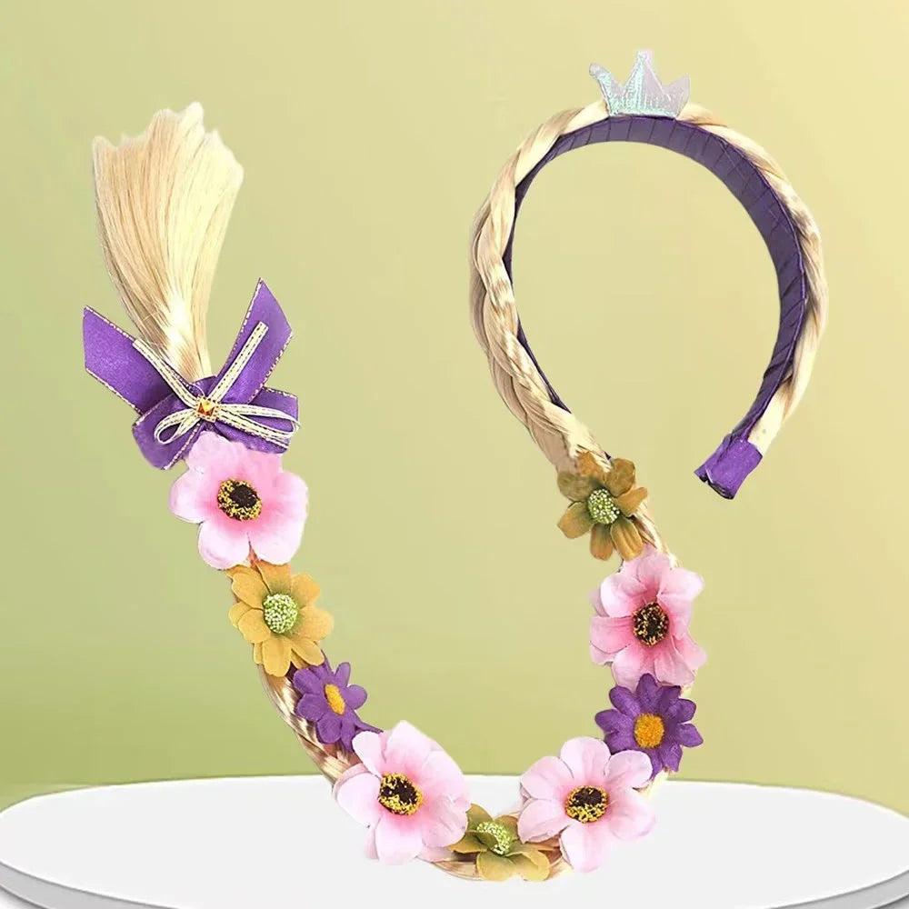 Princess Dress Up Wigs Princess Rapunzel Long Braided Wig Headbands with Flowers Adorn for Girls Costume Accessories