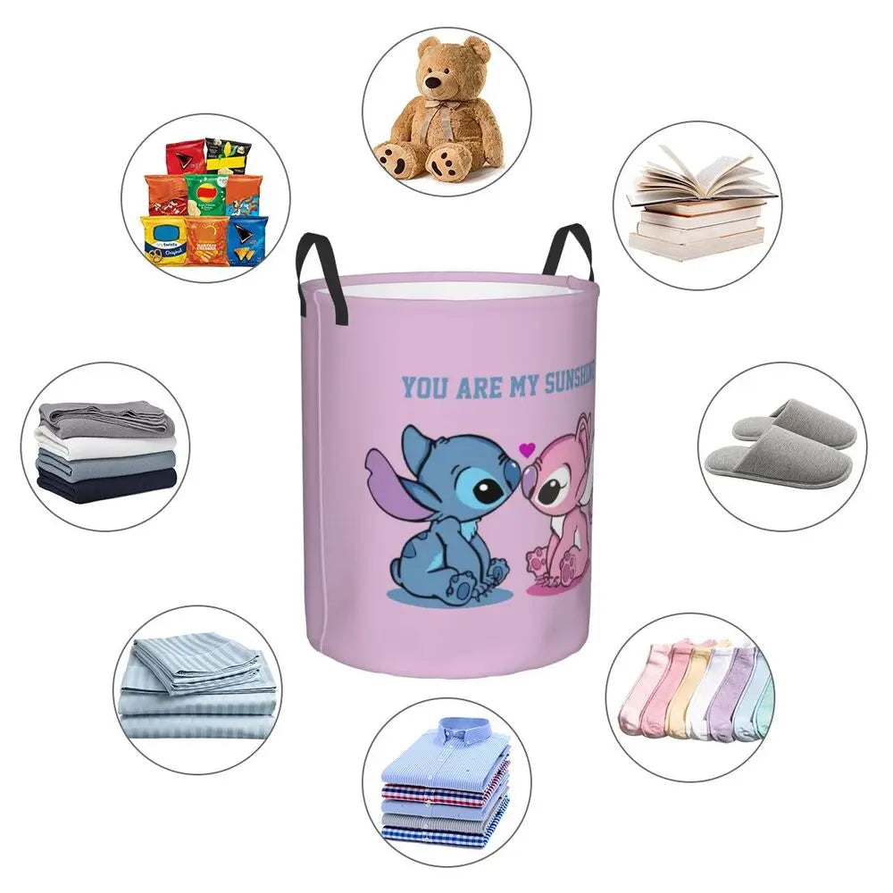 Custom Stitch Kiss Angel Love Heart Anime Laundry Hamper Large Clothes Storage Basket Toy Bin Organizer for Boy Girl