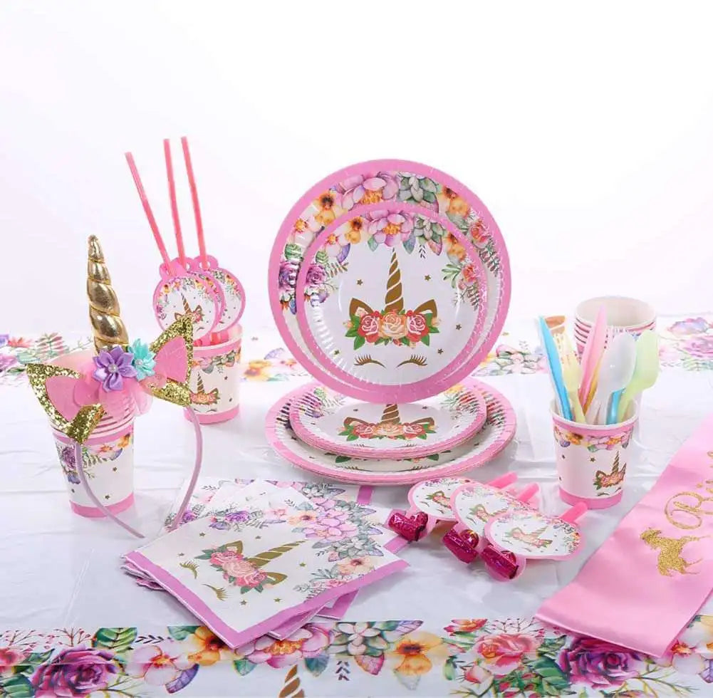 Unicorn Decoration For Birthday Girl Happy Birthday Unicorn Them Deco Kit Tableware Background Banner Balloons Supplies For Kids