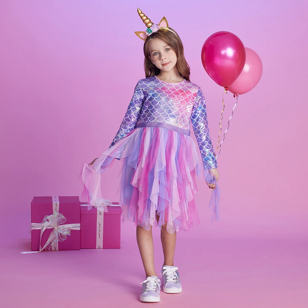 DXTON Autumn Princess Dress Mermaid Children Birthday Party Girls Dress Irregular Layered Prom Kids Long Sleeve Costumes 3-8Y