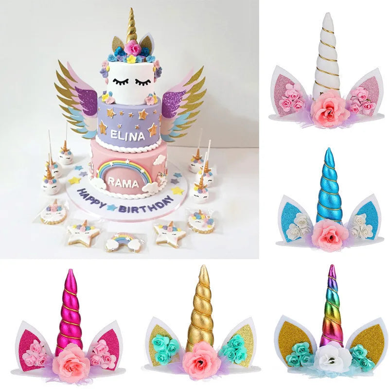 Unicorn Cake Toppers Rainbow Unicorn Horn Wings Girl Birthday Party DIY Decoration Cupcake Wrapper Unicorn Theme Party Supplies