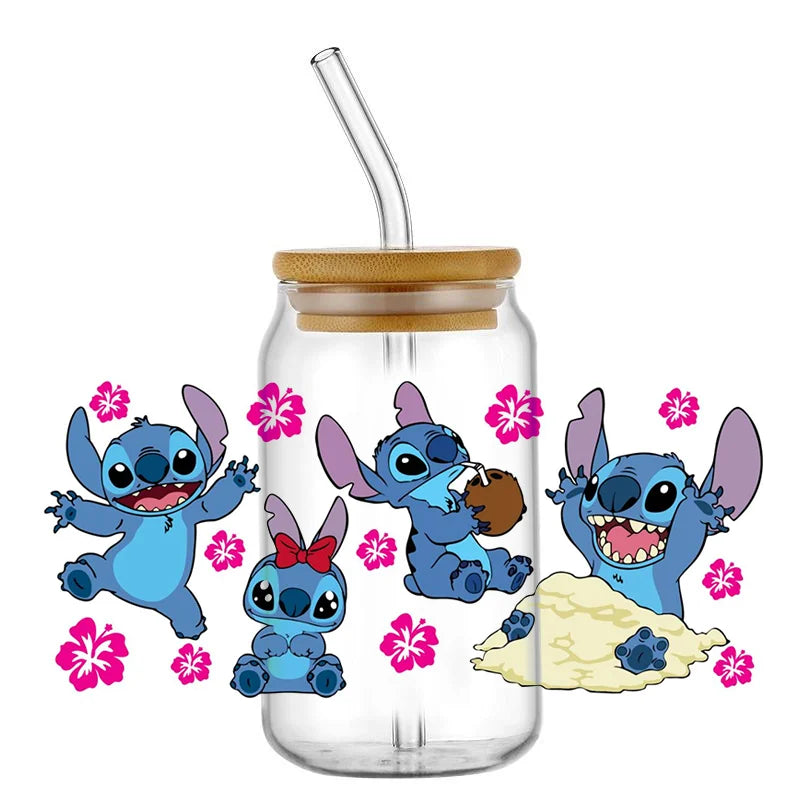 Miniso Stitch 16oz UV DTF Cup Wrap Cartoon Transfers Libbey Wrap Tumbler DIY Logo Sticker Glass Can Selfadhesive Waterproof
