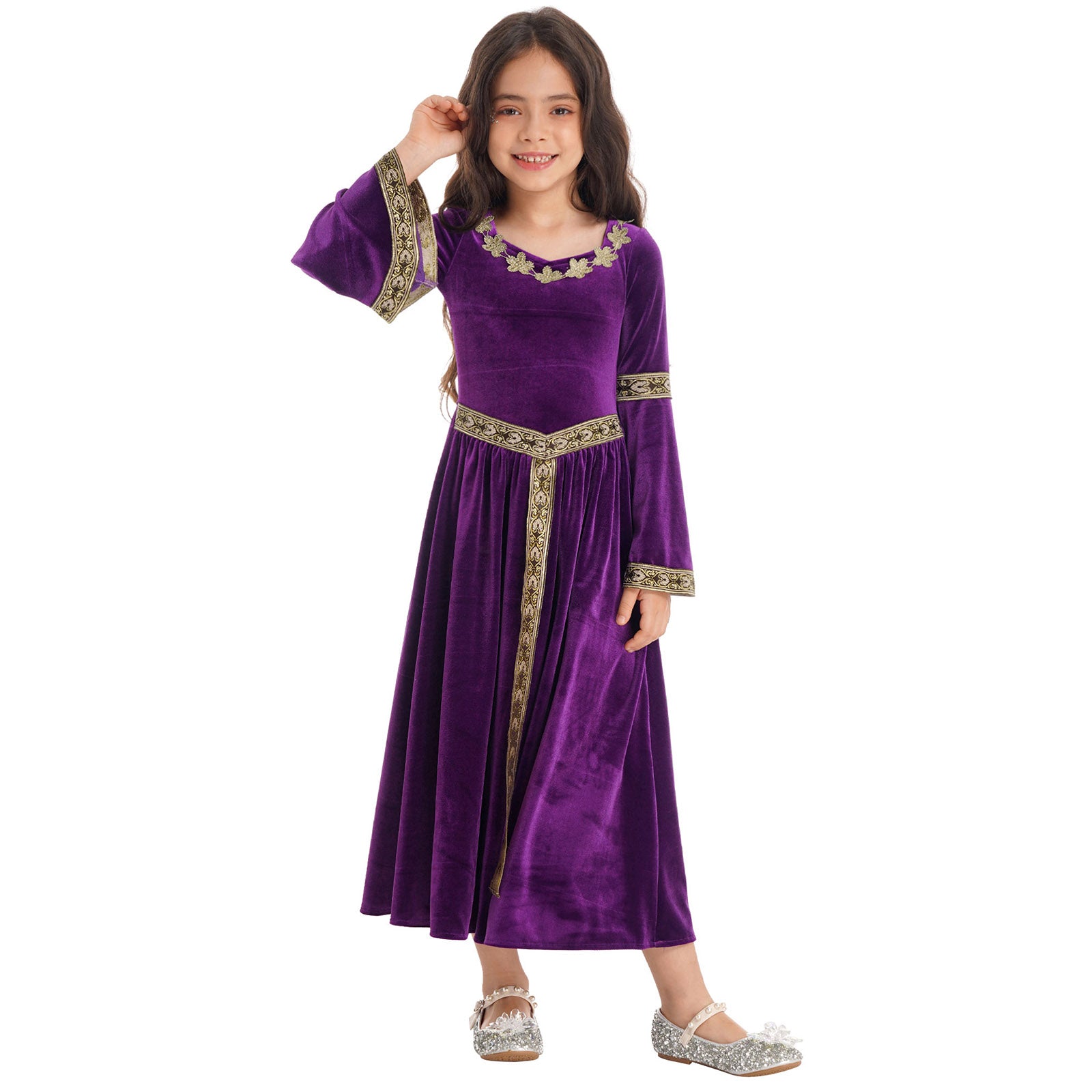 Kids Girls Medieval Renaissance Princess Costume Velvet Long Flare Sleeve Vintage Dress Gown Carnival Party Cosplay Dress Up