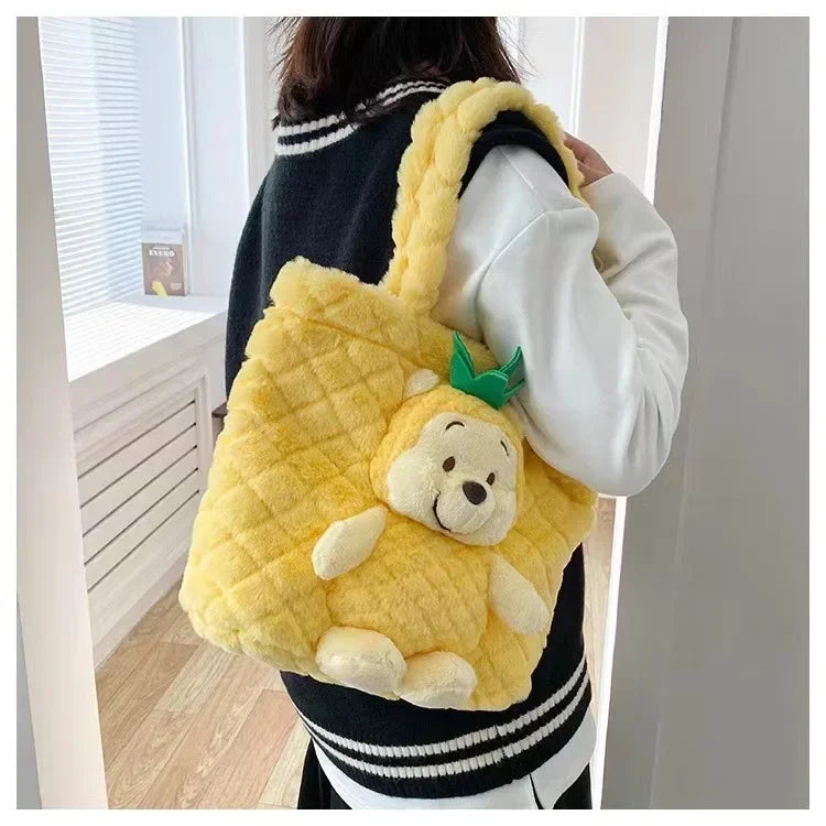 MINISO 2024 New Cartoon Plush Doll Shoulder Bag Sweet and Cute Stitch Strawberry Bear Soft Cute Girls Handbag