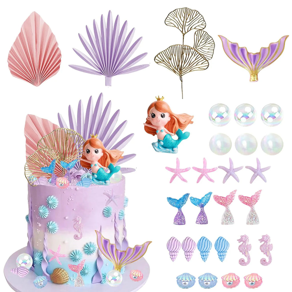 Mermaid Cake Topper Big Mermaid Tails Seaweed Bubbles Shells and Golden Ginkgo Leaves Cake Set for Mermaid Cake Decorations