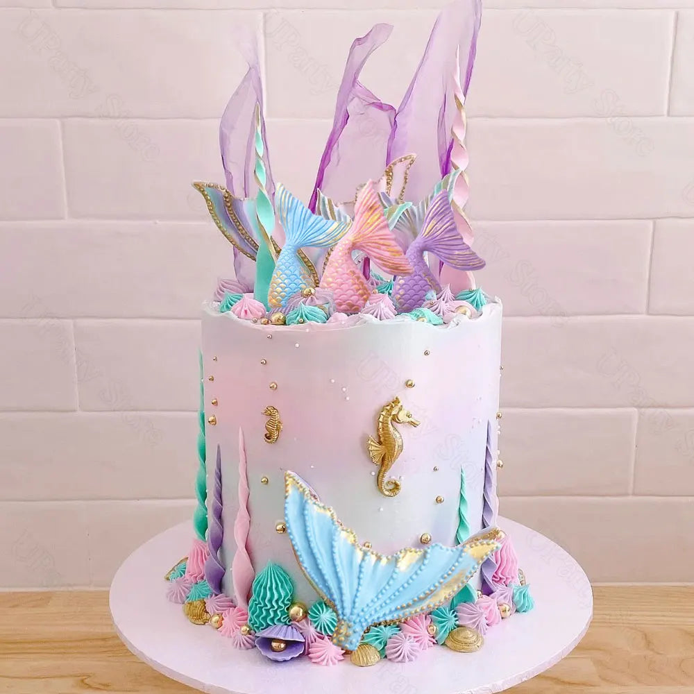 Mermail Cake Decoration Glitter Blue Pink Purple Soft Ceramic Mermail Tail Cake Toppers for Girls Birthday Baby Shower Party Dec